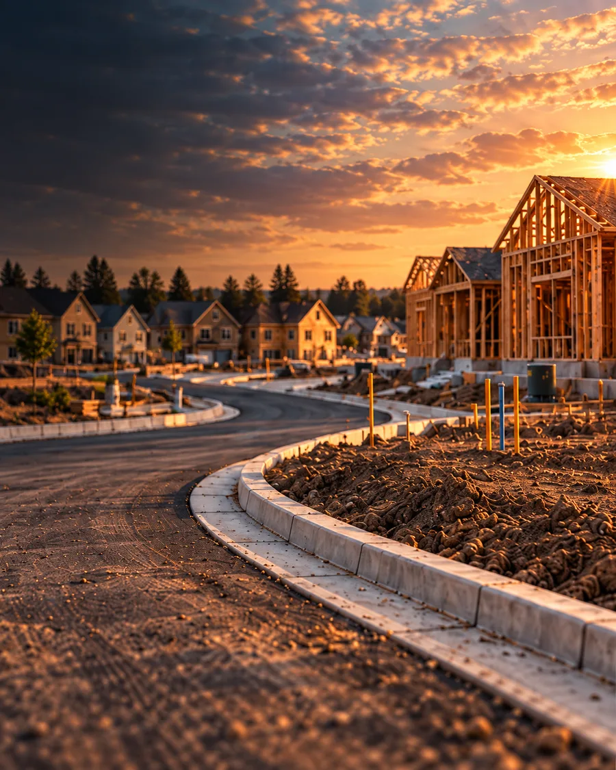 Illustrative residential construction scene with framed homes and utilities being installed.