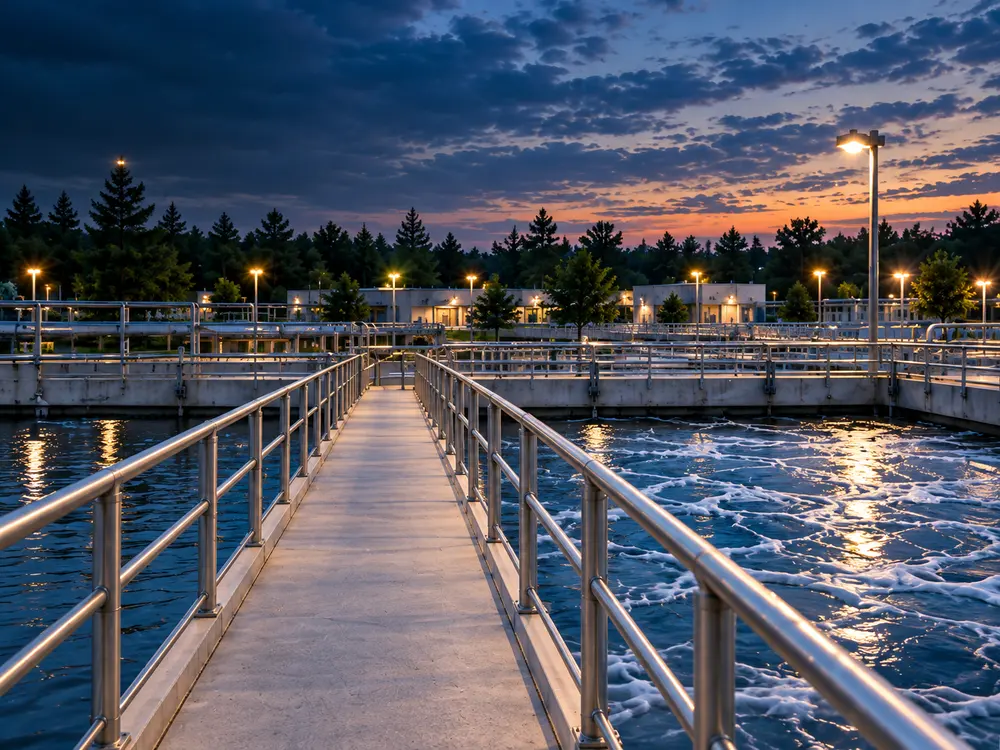 Illustrative treatment-basin walkway with slim handrails and aeration water.